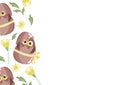 poster template with an icon of a brown owl sitting in a brown egg with a bow and colorful flowers Royalty Free Stock Photo
